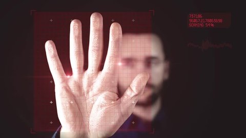 Man puts hand to the scanner. Animation of scanning and analysis biometric data from handprint. Motion graphics. 4k footage. 
