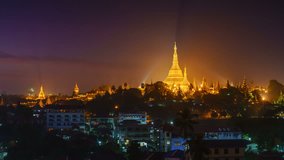 4K Day to Night timelapse zoom in motion video of Shwedagon Pagoda, Yangon, Myanmar