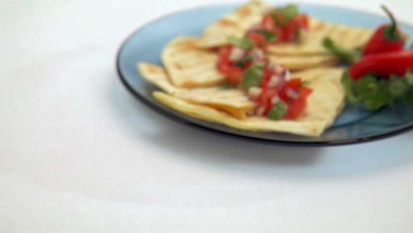 Pan over plate with quesadilla
