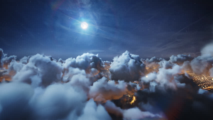 Flying over the deep night timelapse clouds with moon light. Seamlessly looped animation. Flight through moving cloudscape over night city lights. Perfect for cinema, background, digital composition. Royalty-Free Stock Footage #25406702
