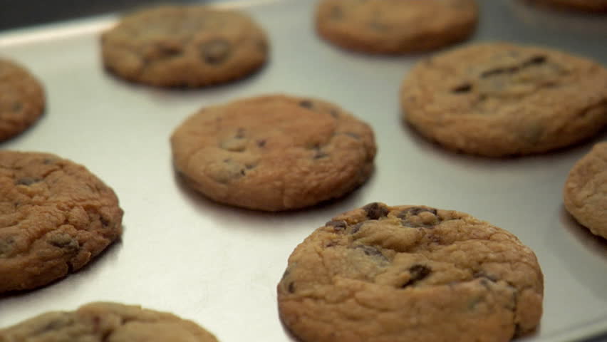 tilt down into tray of freshly baked chocolate chip cookies sharp focus on one