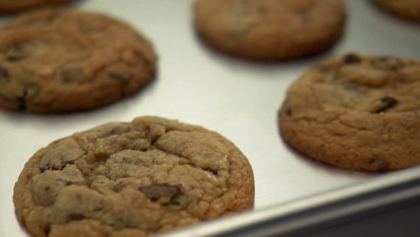 pan over and around tray of delicious chocolate chip cookies using shallow depth