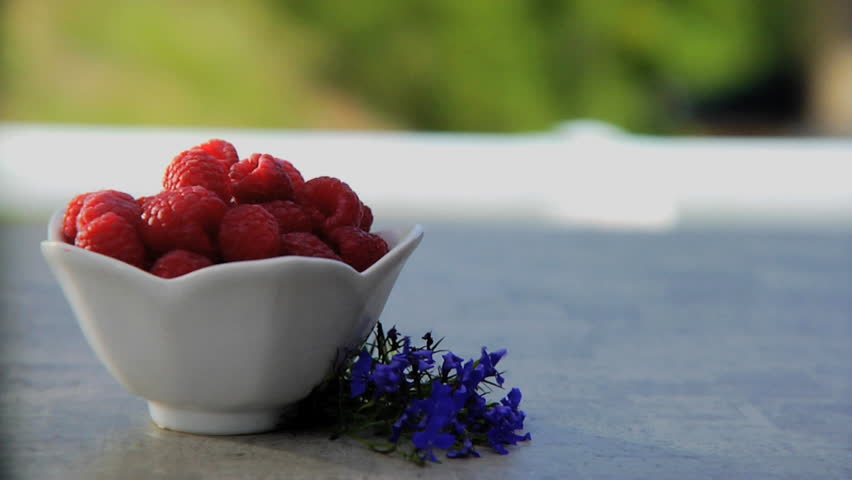 Pan in on bowl of raspberries