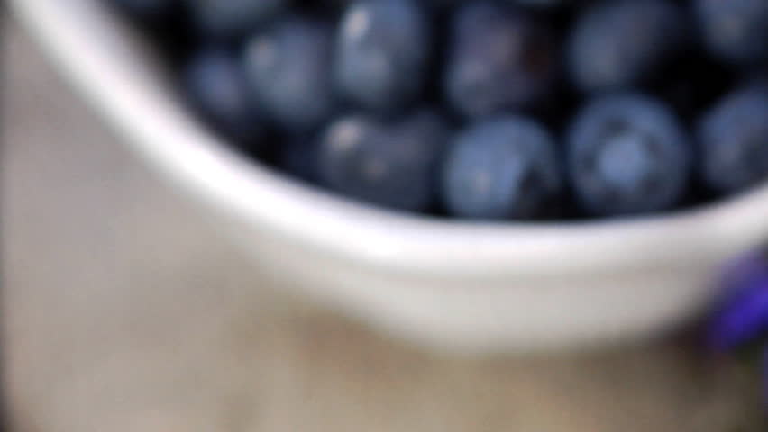 Close-up pan over bowl of blueberries