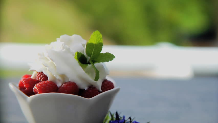 Pan over bowl of raspberries with with whipped cream and mint