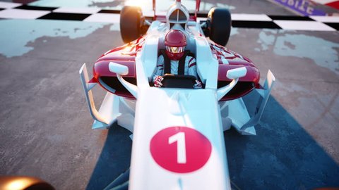 Racer in a racing car. Race and motivation concept. Wonderfull sunset. Realistic 4k animation.