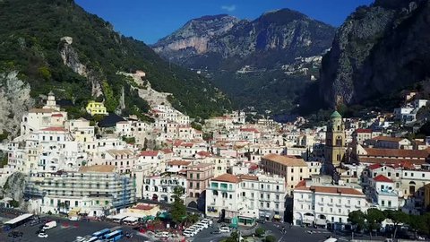 Aerial drone shot - Amalfi coast city in Italy.