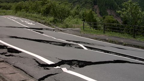 Earthquake damaged roads in Minamiaso, Kumamoto, Japan