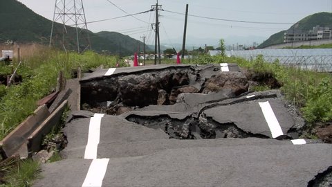 Earthquake damaged roads in Minamiaso, Kumamoto, Japan