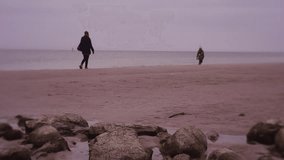 an Adult Woman Pursues a Little Girl. the Girl Goes Along a Coastal Line and Does Not Look Back. the Woman Follows Her on Distance of 10 Metres. on Sand the Big Boulders Lie. This Video Was Filmed in