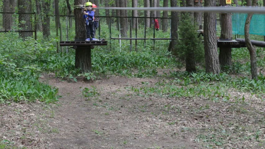 Small boy descends from platform at tree on rope in climbing park