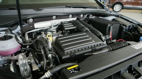 engine compartment of auto, closeup detailed view of engine, open hood, detailed overview of new car engine in auto showroom, demonstration of powerful car, main component vehicle