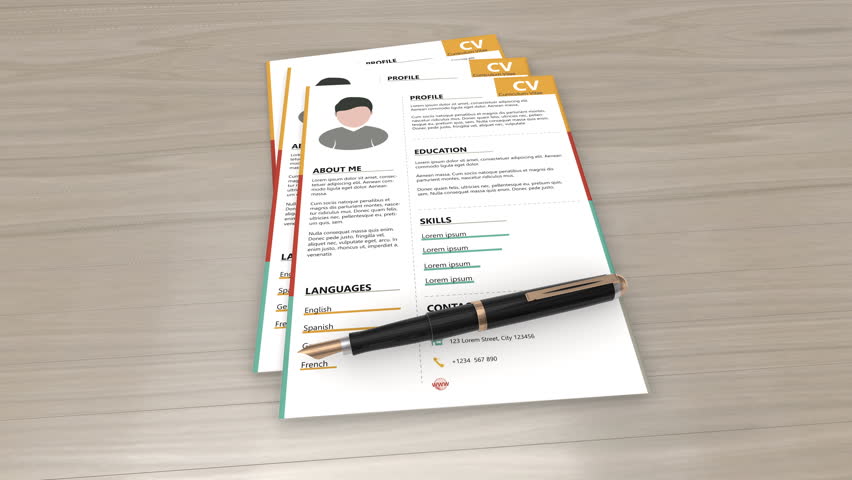 Flyby camera over cv, curriculum vitae, resumes on wooden table. 4K video animation.
