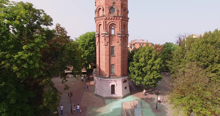 Water tower, ukraine, tower, flag, tram, tile, trees, greens, copter, horizon, beauty
