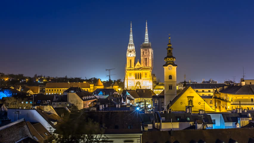 Cityscape Zagreb Croatia at night timelapse, view of Cathedral Zagreb, Croatia.