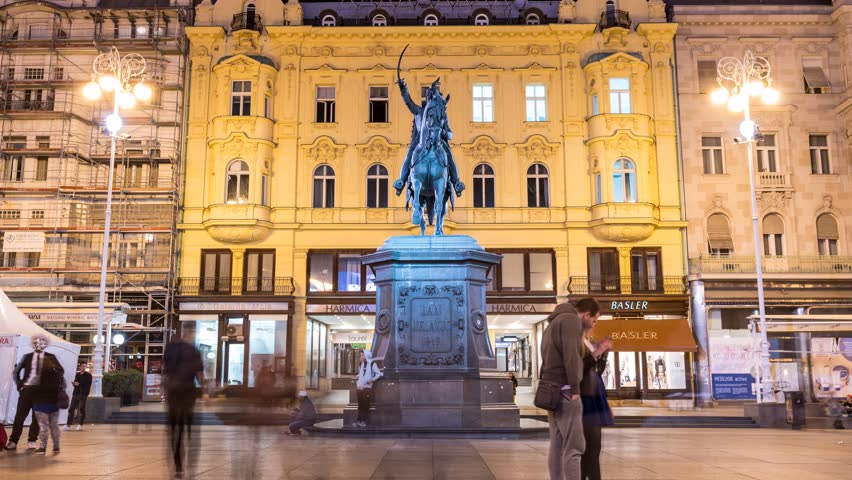 Zagreb Ban Jelacic Square at night timelapse, Statue Ban Jelacic in Zagren center, Croatia.