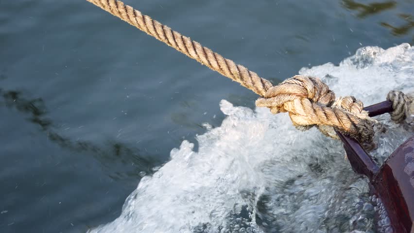 A knot of a rope from a travel raft that is drag by motor boat on the River Kwai, Thailand. 4K Movie
