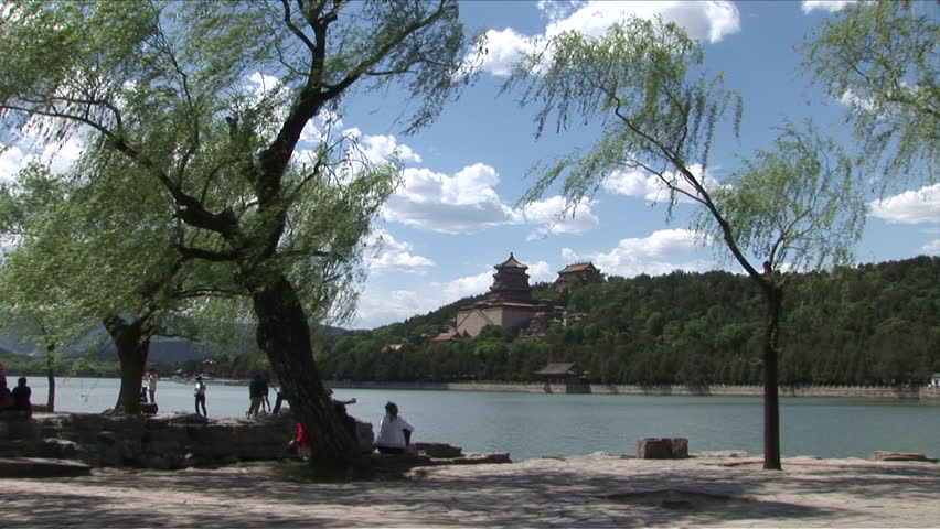 Wide shot of the majestic Summer Palace on a perfect day on the bank of a large lake, located in the outskirts of Beijing, China