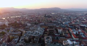 Sunset over downtown Budapest - aerial video