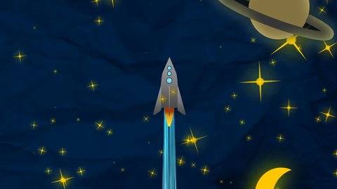 Cartoon Flat rocket flying up though clouds, Moon and Planets. From day to night.