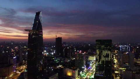 Ho Chi Minh City, Vietnam - January 28, 2017: Aerial view of center of Saigon riverside at Ho Chi Minh City, Vientam in sunrise or sunset