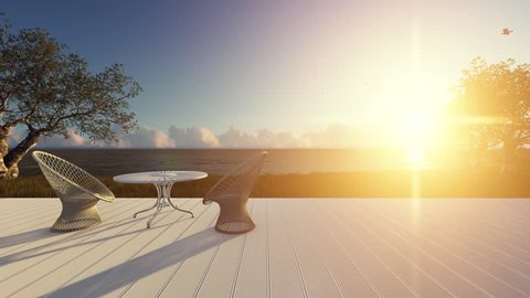 Minimalist modern terrace with relax area, armchairs and table for breakfast, panoramic on rough sea ocean and olives trees, birds in flight, 3d illustration
