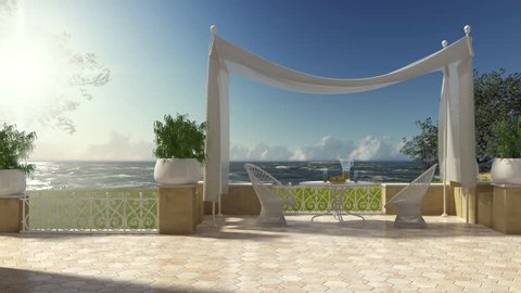Empty classic terrace with canopy relax area, armchairs and table for breakfast, panoramic on rough sea ocean and olives trees, birds in flight, 3d illustration