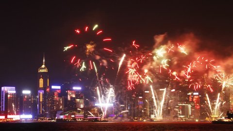 National Day Fireworks Display in Victoria Harbor, Hong Kong. (Time lapse)