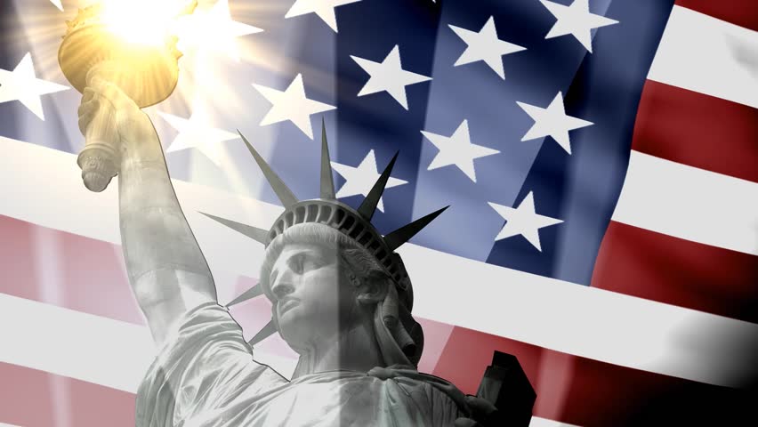 Concept patriotic animation, Statue Liberty with American flag.