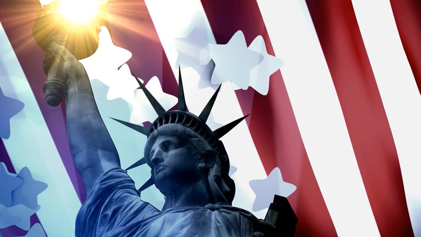 Concept patriotic animation, Statue Liberty with American flag.