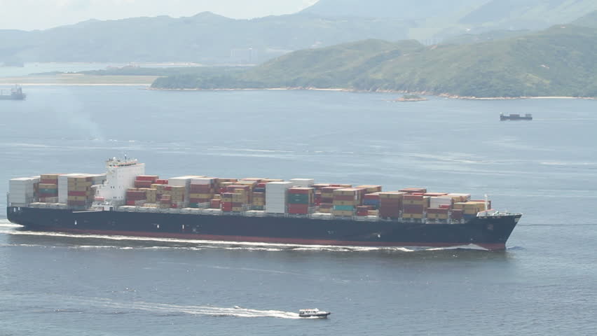 Container ship entering Hong Kong harbor.