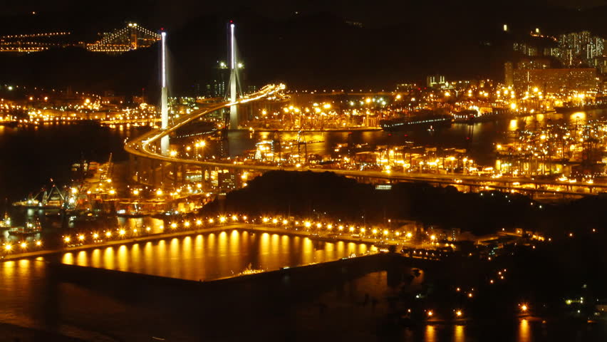 Hong Kong Kwai Tsing Container Terminal Panorama at Night. ( Time lapse )