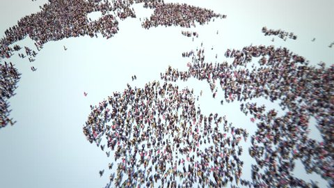 People of the World. Thousands of People formed the World Map. Crowd flight over. Camera zoom out.