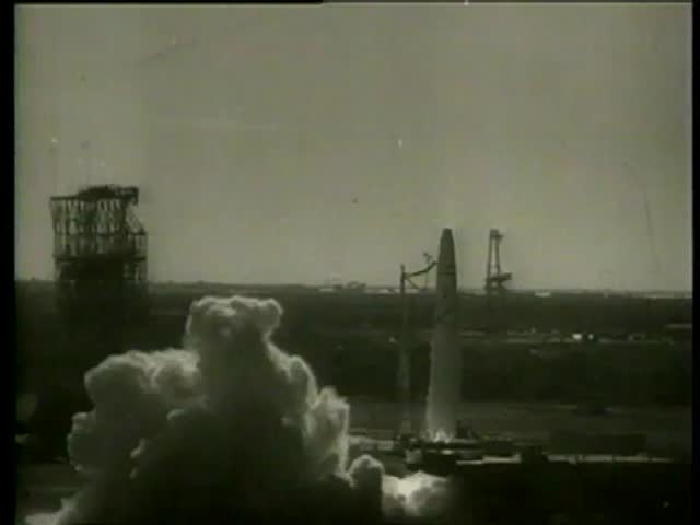 An american long-range rocket launch in Cape Canaveral, Florida circa 1958 - MGM PICTURES, UNIVERSAL-INTERNATIONAL NEWSREEL, USA, filmed in 1958