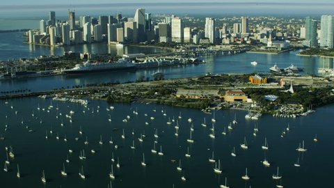 Miami, USA - February 2017: Aerial sunrise view MacArthur Causeway and Cruise Terminal Biscayne Bay Florida America RED WEAPON