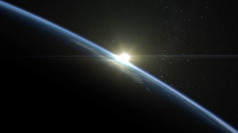 Sunrise over the Earth. Horizon littered to the left. Volumetric clouds. View from space. Beautiful starry sky. 4K.