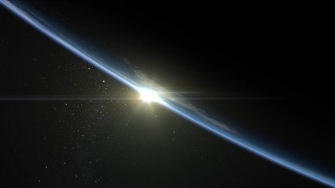 Sunrise over the Earth. Horizon littered to the left. Volumetric clouds. View from space. The sunrise from the bottom. Beautiful starry sky. 4K.