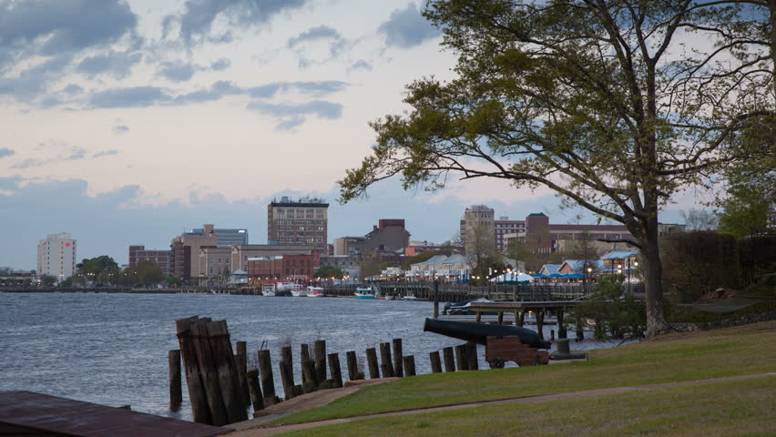 Wilmington North Carolina City Skyline Sunset Timelapse of the Historic Downtown District on the Cape Fear River