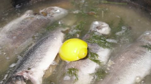 Tasty fish boiling in frying pan slow motion