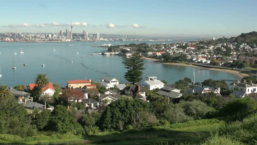 view from North Head reserve over Devonport suburb and beaches with the city of