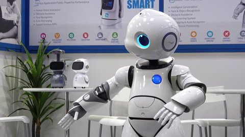 Hannover, Germany - March, 2017: Smart robot ?? dancing. Shenzhen Tanscorp technology company on exhibition Cebit 2017 in Hannover Messe, Germany
