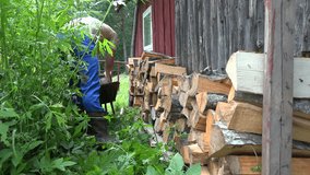 worker man unload neatly cut wood near wall of the old house in village. 4K UHD video clip. 