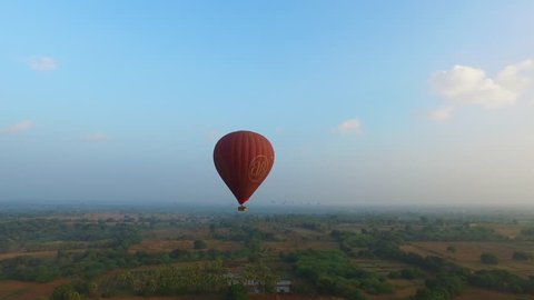 Hot air Balloon. Landscape view of Bagan archaeological zone from hot air balloon in Myanmar.