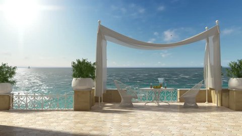 Empty classic terrace with canopy relax area, armchairs and table for breakfast, panoramic on sea ocean, 3d illustration