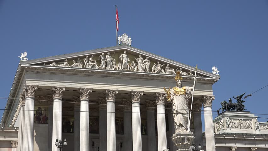 4K Beautiful Austrian Parliament building in Vienna, Athena Fountain sculpture