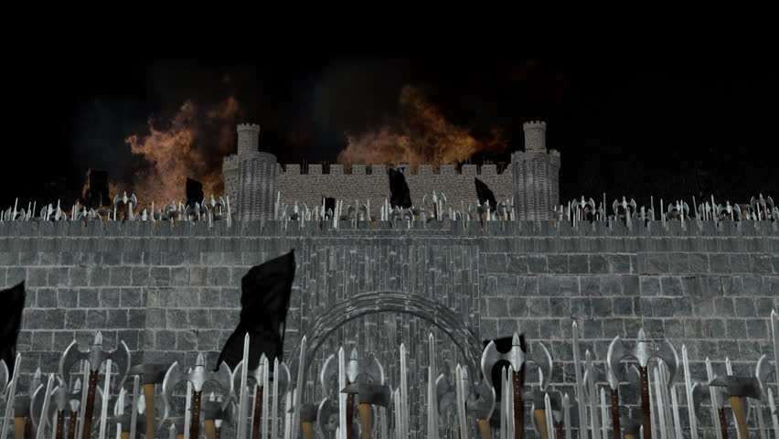 Great Medieval Army of Warriors Invading into a Burning Castlle in Alpha Channel