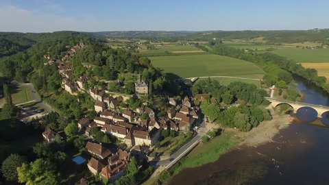 Aerial view by drone of Limeuil, classified among the most beautiful villages of France
Aquitaine-Limousin-Poitou-Charentes, Limeuil, Dordogne, France