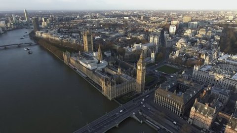 Dramatic Aerial Flight Over London Big Ben aka Houses of Parliament in Westminster feat Local Traffic and River Thames 4K