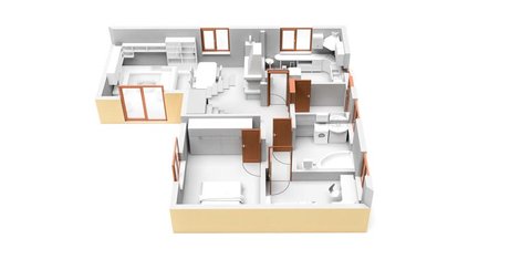 3D rendering of isolated on a white house interior. Section plan of cottage first floor. Camera fly around view moving around a house and has with fade in and fade out movement animation.