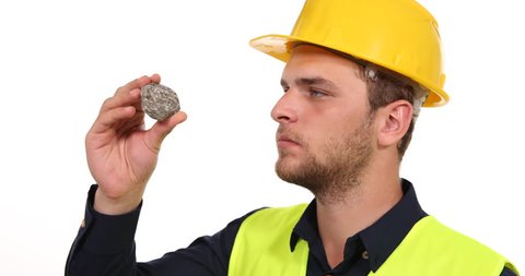 Geologist Engineer Man Examine Granite Natural Iron Rock Mineralogy Industry
